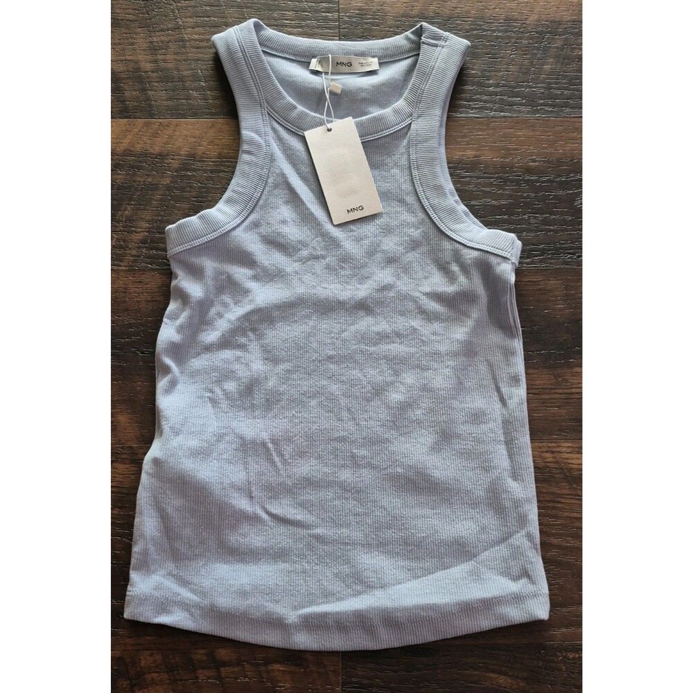 Mango MNG Women Tank Top Sz XS blue Ribbed Cotton Soft Stretch Fitted Sleeveless